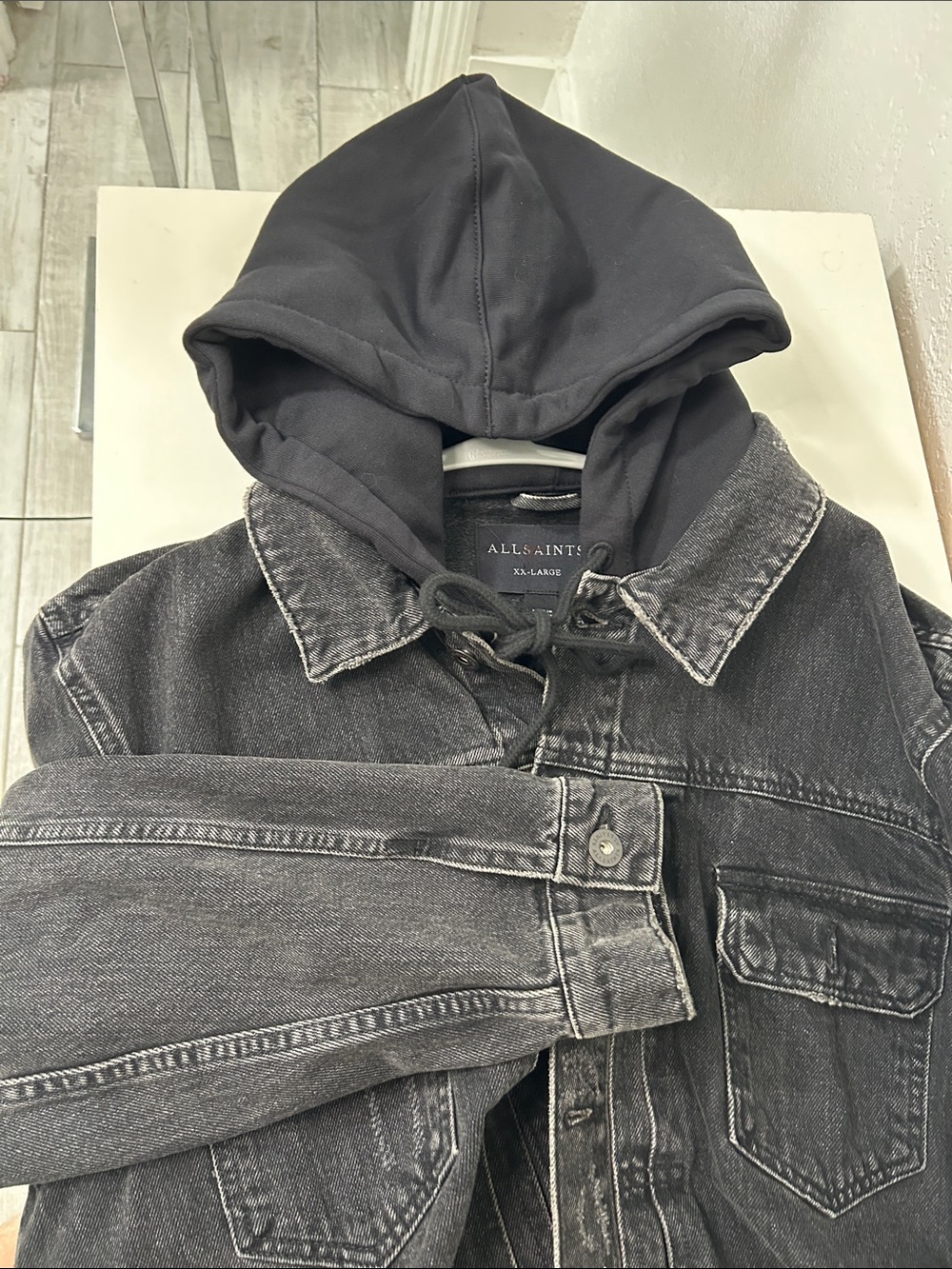 AllSaints Black Washed Denim Hoodie Jacket